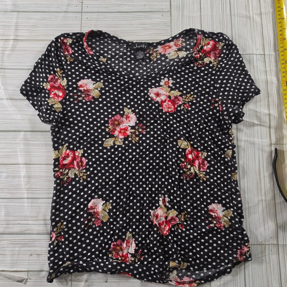 Justify Womens Floral Polka Dot Short Sleeve Scoop Neck Top Black Size S